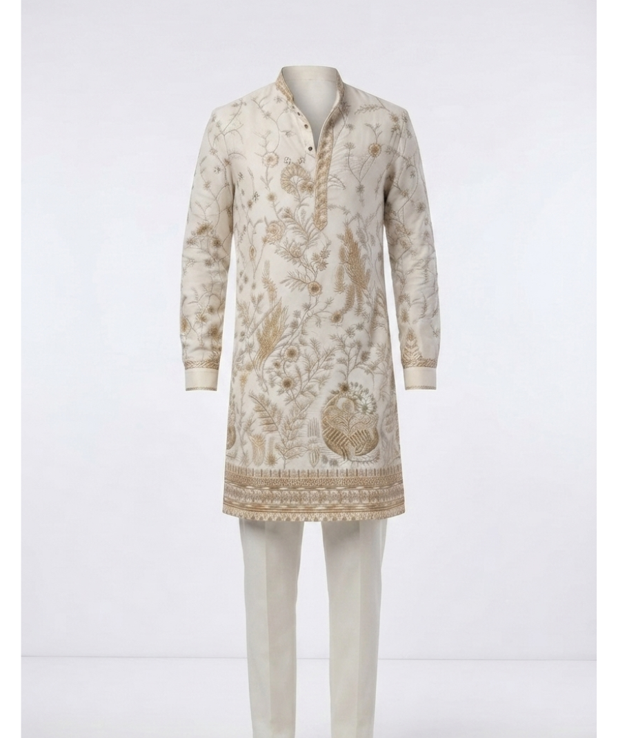 Men’s Off-White Botanical Print Ethnic Kurta with Mandarin Collar & Full Sleeves - Image 2
