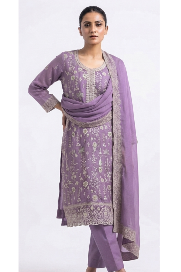Women’s Lavender Floral Embroidered Straight Kurta Set with Dupatta