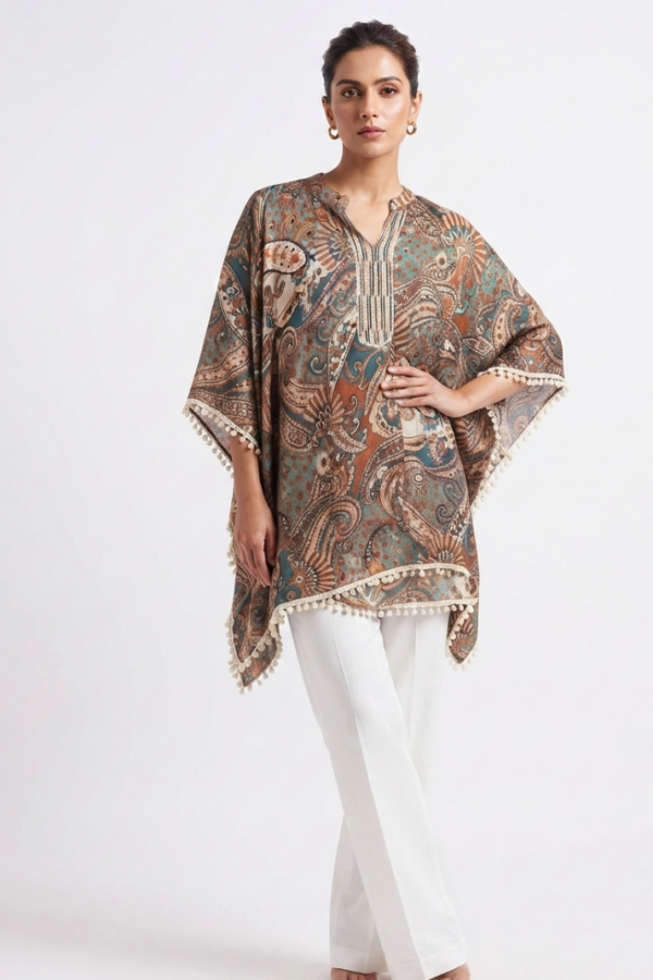 Teal Blue & Brown Paisley Print Kaftan Tunic with V-Neck, Batwing Sleeves & Pom-Pom Trim