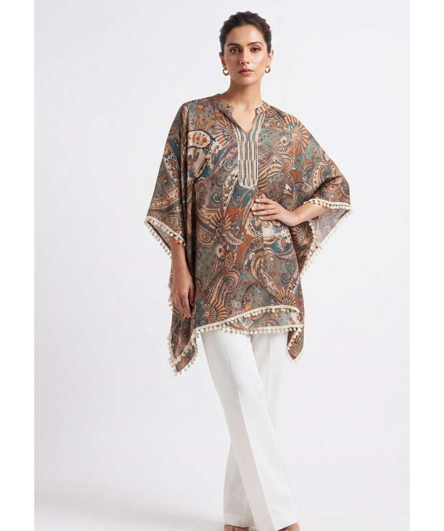 Teal Blue & Brown Paisley Print Kaftan Tunic with V-Neck, Batwing Sleeves & Pom-Pom Trim