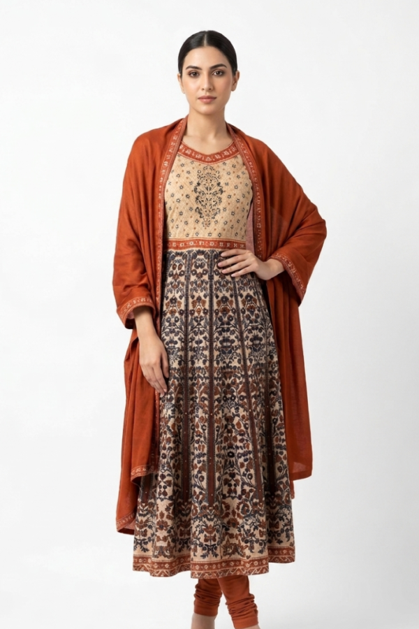 Rust Orange Printed Anarkali Kurta Set with Printed Flared Kurta, Matching Dupatta & Pants