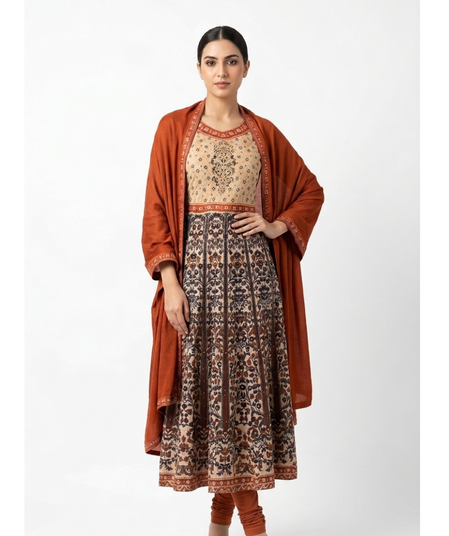 Rust Orange Printed Anarkali Kurta Set with Printed Flared Kurta, Matching Dupatta & Pants