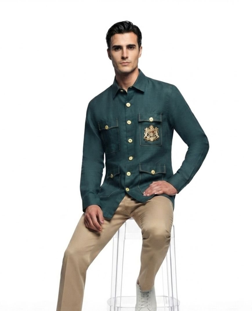Men's Teal Green Solid Utility Overshirt with Embroidered Pocket Detail, Full Sleeves & Classic Collar - Image 5