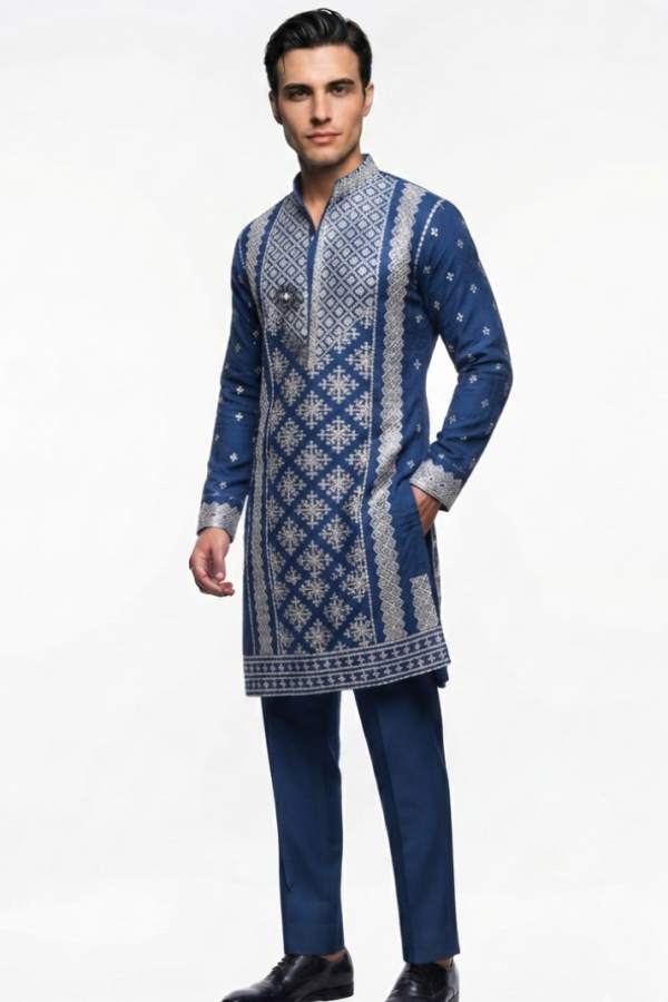 Men's Navy Blue Geometric Patterned Kurta with Trousers – Full Sleeve Ethnic Set with Mandarin Collar