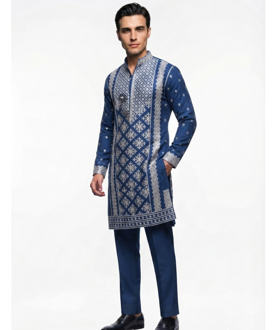 Men's Navy Blue Geometric Patterned Kurta with Trousers – Full Sleeve Ethnic Set with Mandarin Collar