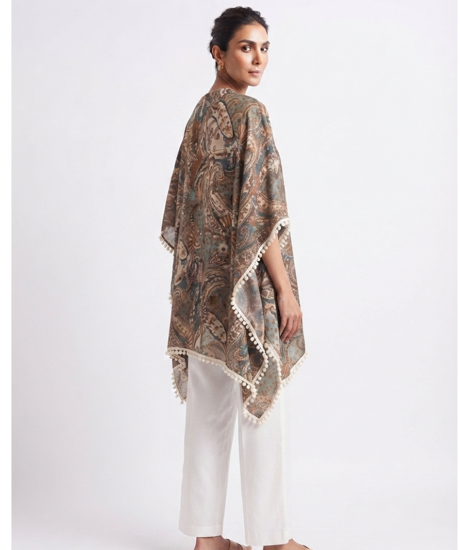 Teal Blue & Brown Paisley Print Kaftan Tunic with V-Neck, Batwing Sleeves & Pom-Pom Trim - Image 5