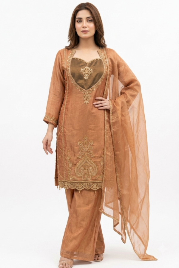 Peach Embroidered Ethnic Kurta Set with Wide-Leg Pants and Matching Dupatta  Si
