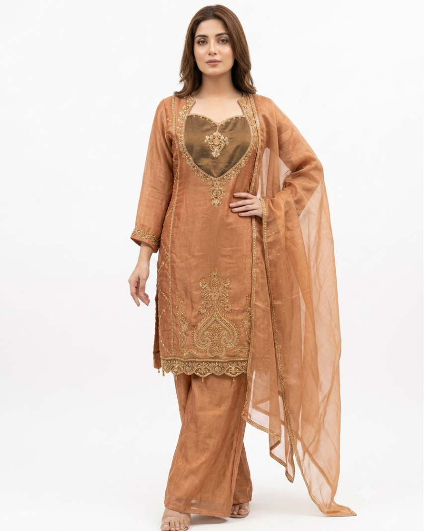 Peach Embroidered Ethnic Kurta Set with Wide-Leg Pants and Matching Dupatta Si