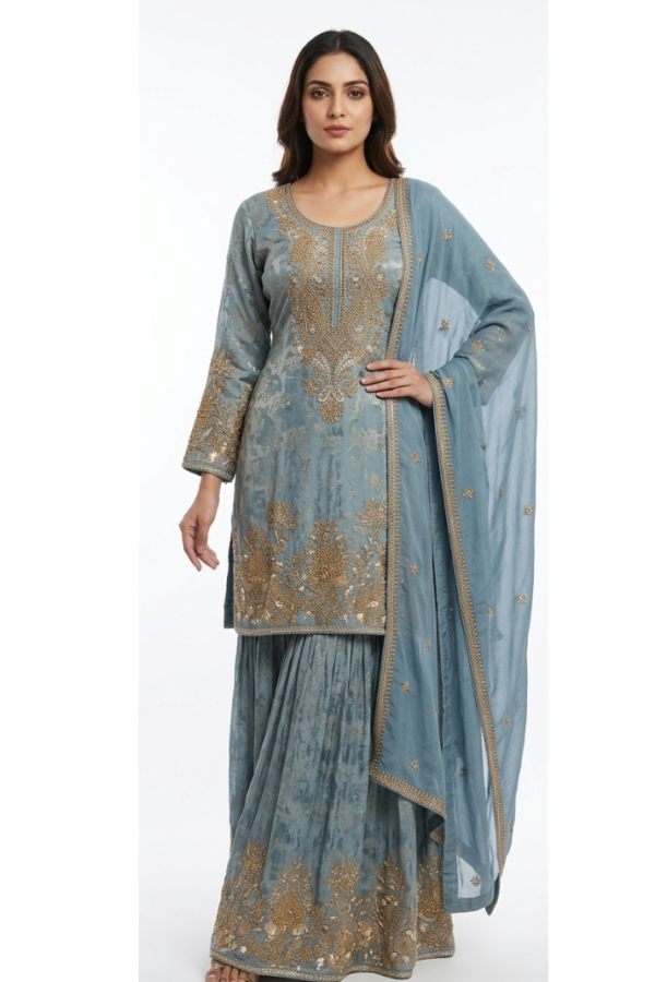 Dusty Blue Embroidered Kurta Set with Gold Detailing, Wide-Leg Bottoms & Matching Dupatta