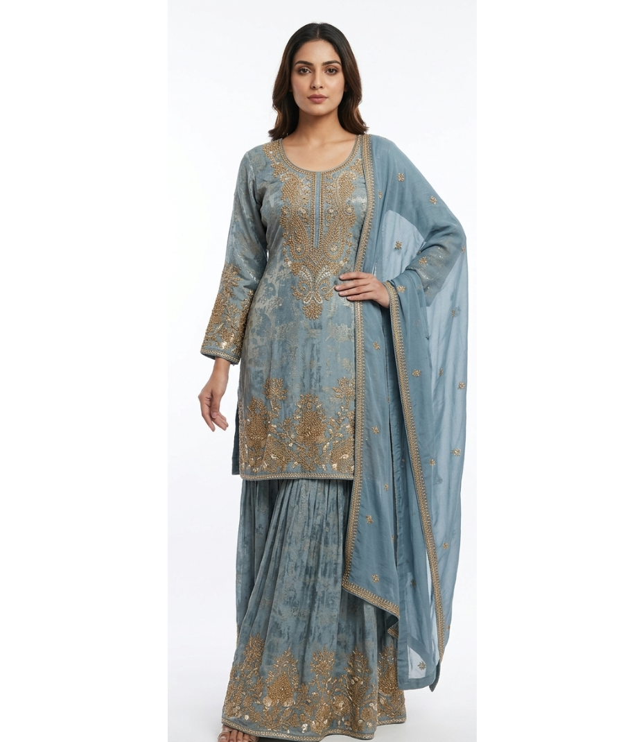 Dusty Blue Embroidered Kurta Set with Gold Detailing, Wide-Leg Bottoms & Matching Dupatta