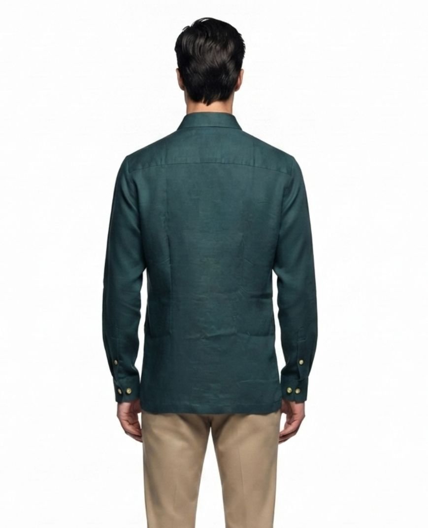 Men's Teal Green Solid Utility Overshirt with Embroidered Pocket Detail, Full Sleeves & Classic Collar - Image 6