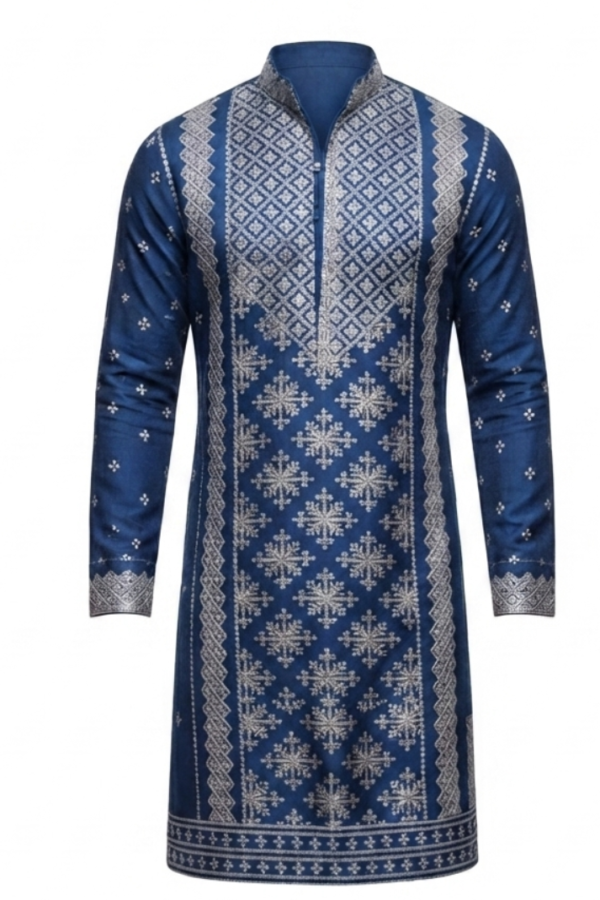 Men's Navy Blue Geometric Patterned Kurta with Trousers – Full Sleeve Ethnic Set with Mandarin Collar