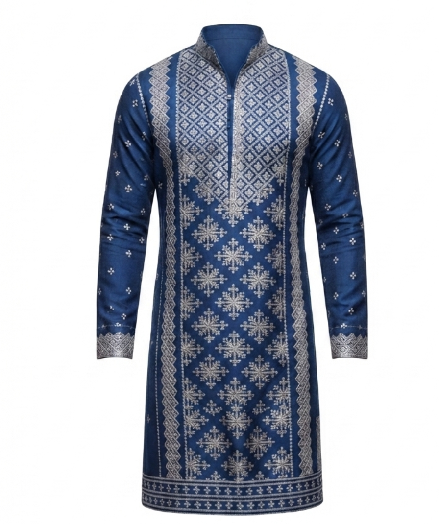 Men's Navy Blue Geometric Patterned Kurta with Trousers – Full Sleeve Ethnic Set with Mandarin Collar - Image 2