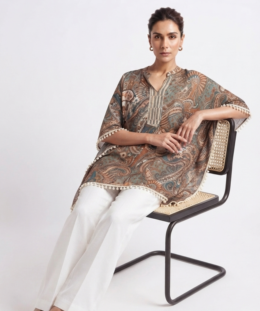 Teal Blue & Brown Paisley Print Kaftan Tunic with V-Neck, Batwing Sleeves & Pom-Pom Trim - Image 4