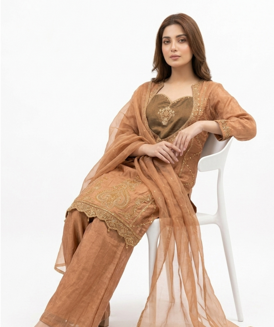 Peach Embroidered Ethnic Kurta Set with Wide-Leg Pants and Matching Dupatta Si - Image 3