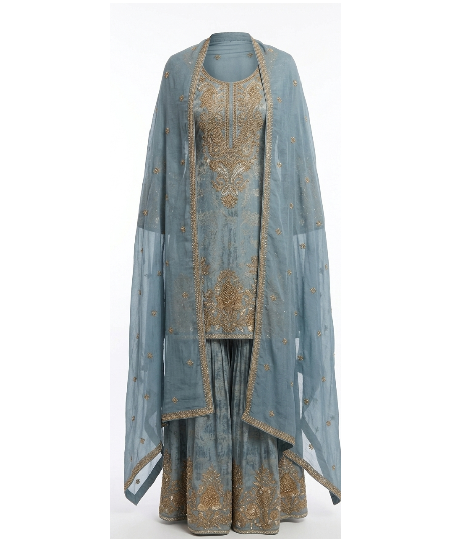 Dusty Blue Embroidered Kurta Set with Gold Detailing, Wide-Leg Bottoms & Matching Dupatta - Image 3