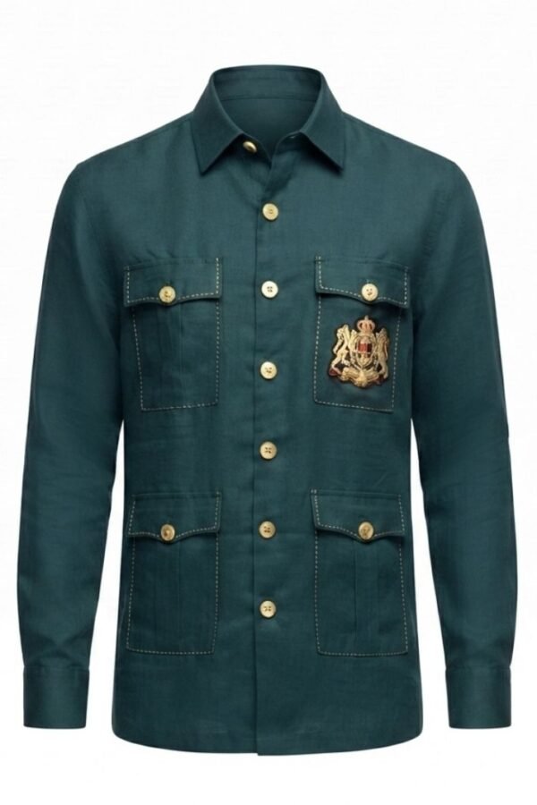 Men's Teal Green Solid Utility Overshirt with Embroidered Pocket Detail, Full Sleeves & Classic Collar