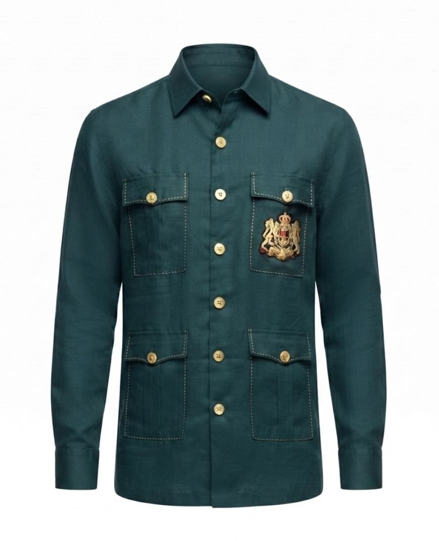 Men's Teal Green Solid Utility Overshirt with Embroidered Pocket Detail, Full Sleeves & Classic Collar - Image 2
