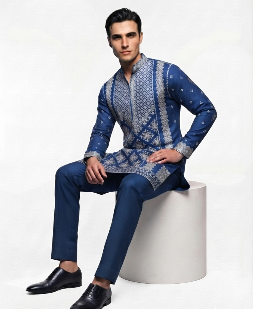 Men's Navy Blue Geometric Patterned Kurta with Trousers – Full Sleeve Ethnic Set with Mandarin Collar - Image 3