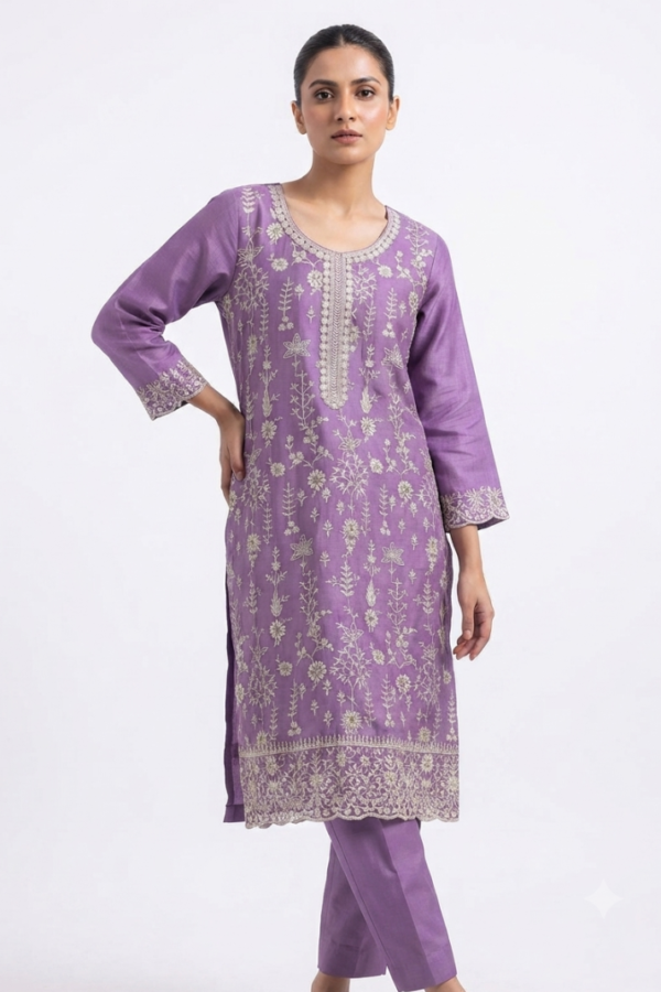 Women’s Lavender Floral Embroidered Straight Kurta Set with Dupatta