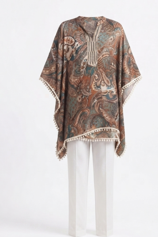 Teal Blue & Brown Paisley Print Kaftan Tunic with V-Neck, Batwing Sleeves & Pom-Pom Trim