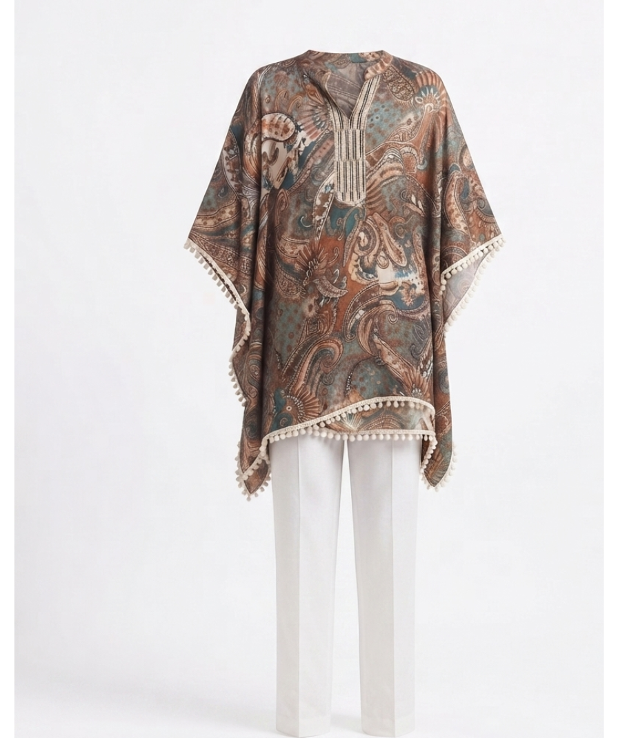 Teal Blue & Brown Paisley Print Kaftan Tunic with V-Neck, Batwing Sleeves & Pom-Pom Trim - Image 2