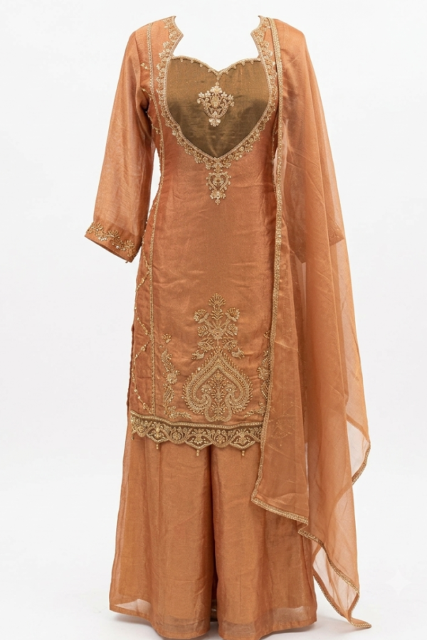 Peach Embroidered Ethnic Kurta Set with Wide-Leg Pants and Matching Dupatta  Si