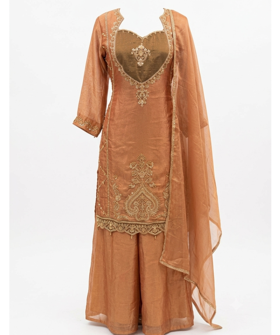 Peach Embroidered Ethnic Kurta Set with Wide-Leg Pants and Matching Dupatta Si - Image 2