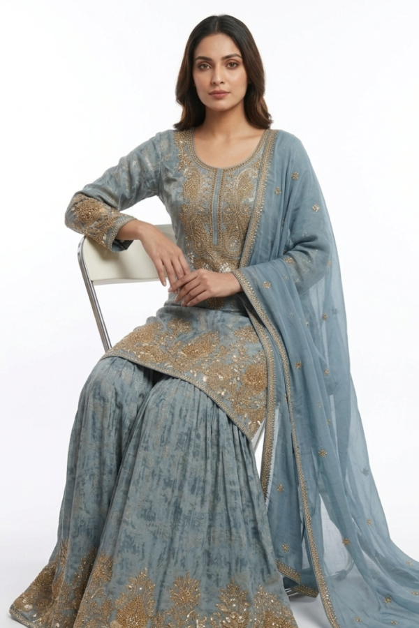 Dusty Blue Embroidered Kurta Set with Gold Detailing, Wide-Leg Bottoms & Matching Dupatta