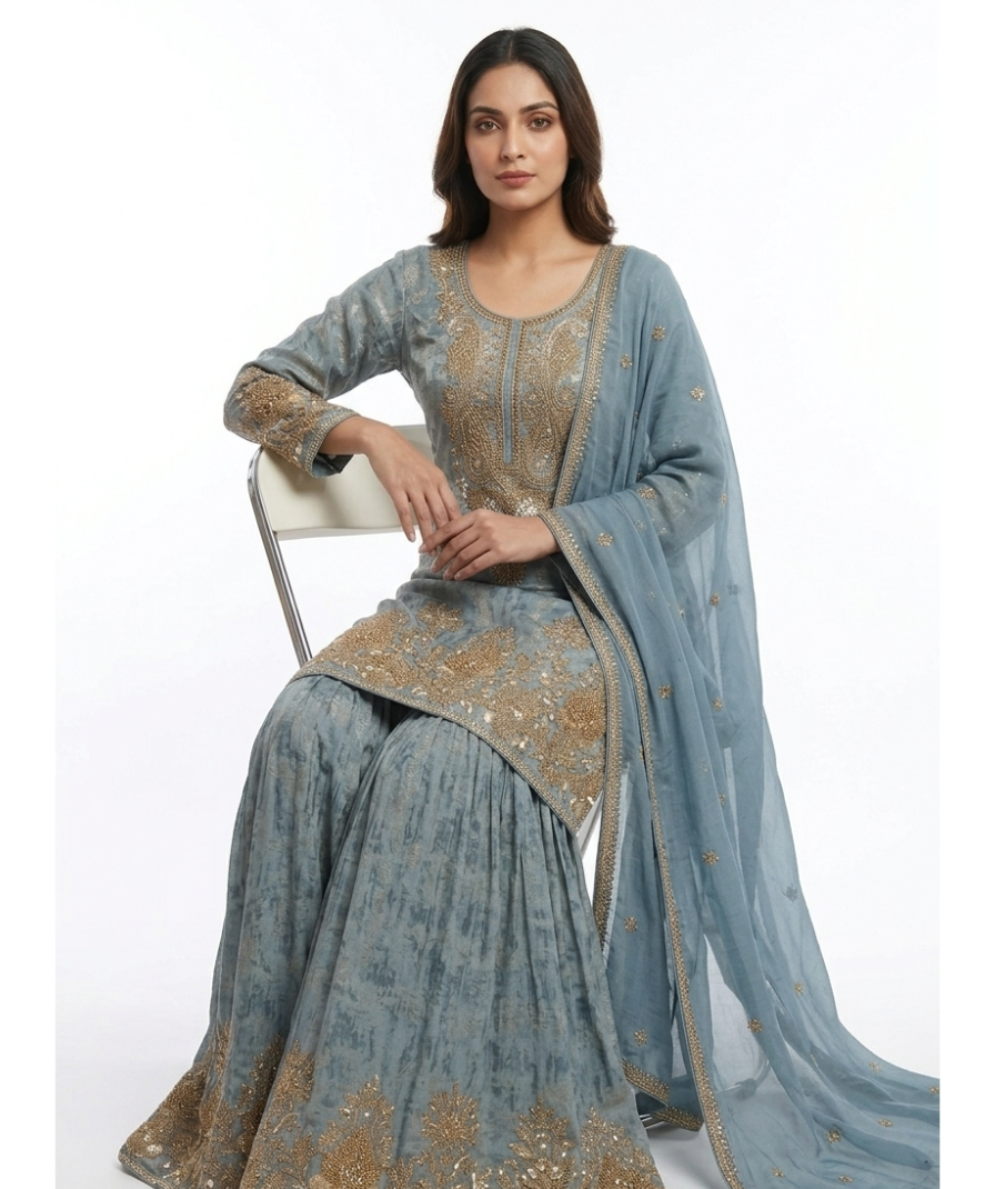 Dusty Blue Embroidered Kurta Set with Gold Detailing, Wide-Leg Bottoms & Matching Dupatta - Image 2