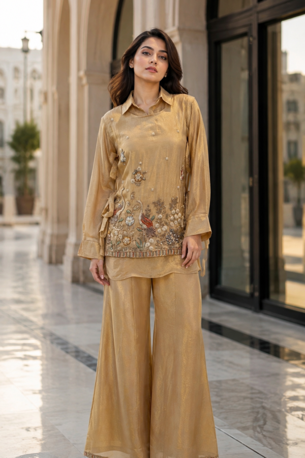 Women’s Beige-Gold Printed & Embroidered Co-Ord Set with Shirt Collar and Wide-Leg Pants