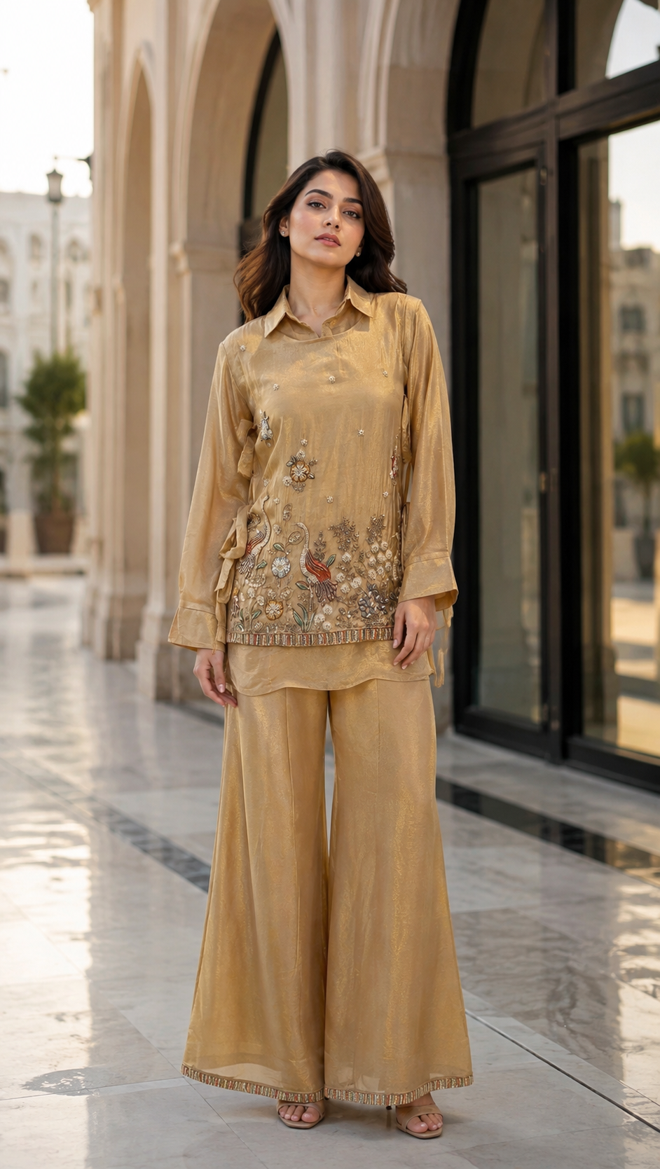 Women’s Beige-Gold Printed & Embroidered Co-Ord Set with Shirt Collar and Wide-Leg Pants