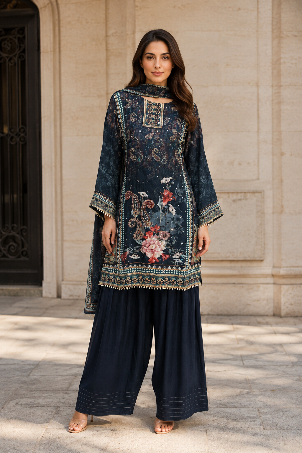 Women’s Navy Blue Floral Paisley Printed Kurta with Wide-Leg Palazzo Pants & Dupatta