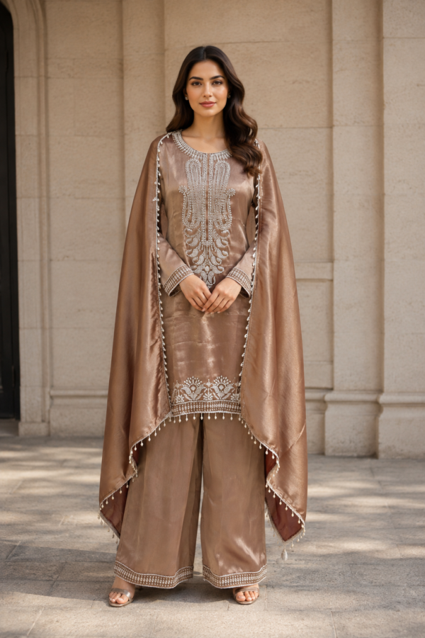 Women’s Rose Gold Embroidered Kurta Set with Wide-Leg Pants & Matching Dupatta