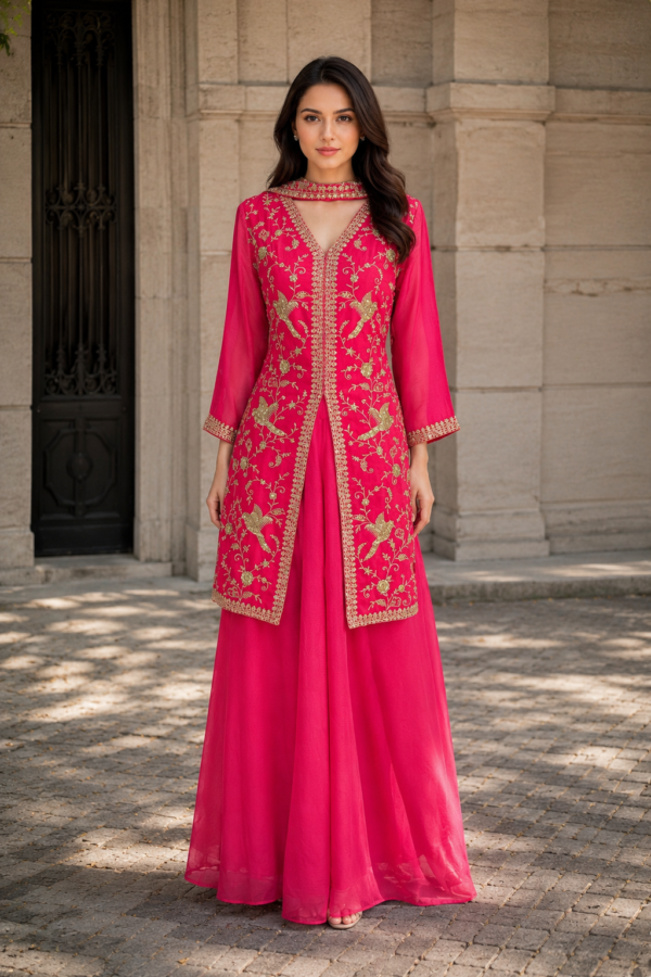 Women’s Hot Pink Embroidered Anarkali Suit Set with Long Jacket, Flared Skirt & Dupatta