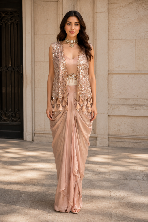 Women’s Peach Draped Saree Set with Embellished Sleeveless Jacket and Sleeveless Blouse