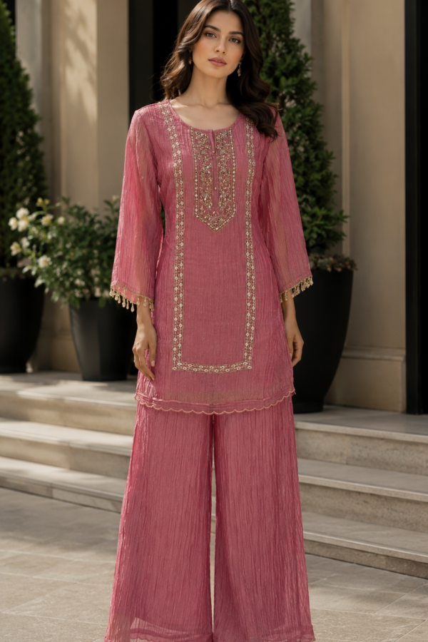 Dusty Rose Pink Embroidered Kurta Set with Wide-Leg Pants and 3/4 Sleeves
