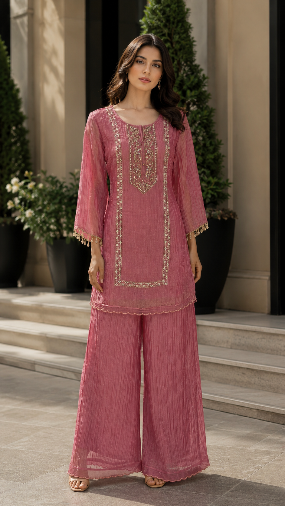 Dusty Rose Pink Embroidered Kurta Set with Wide-Leg Pants and 3/4 Sleeves