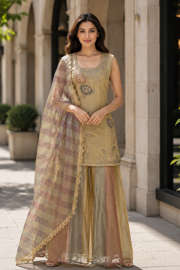 Women’s Olive Gold Embroidered Kurta Set with Multicolor Striped Palazzo Pants & Printed Dupatta