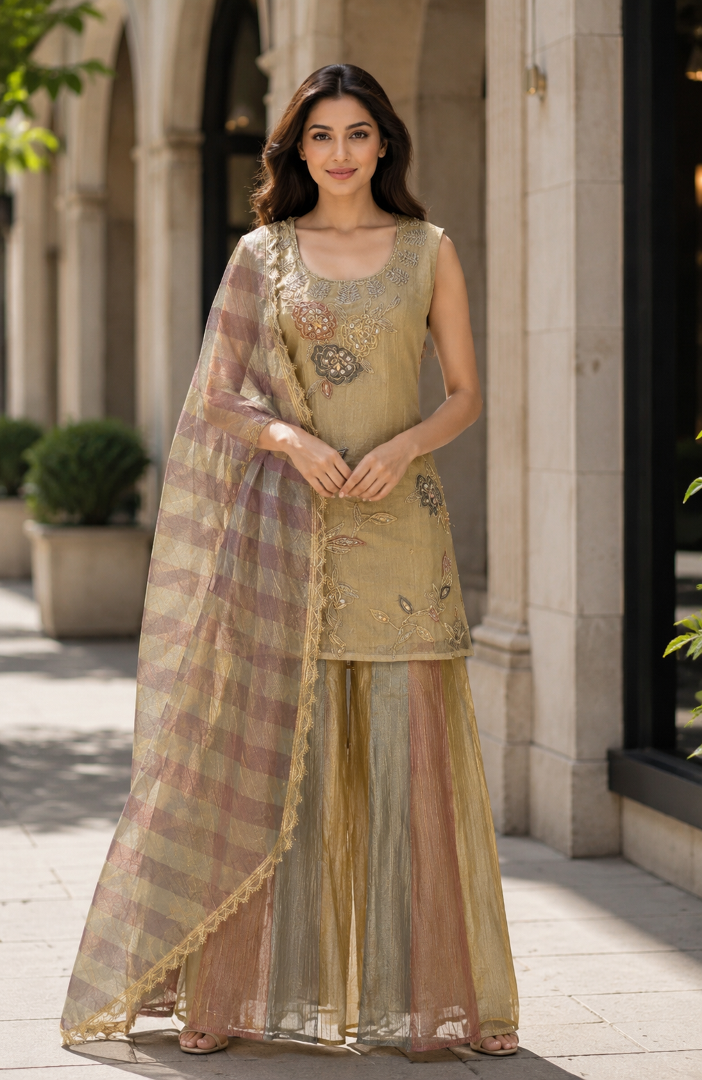 Women’s Olive Gold Embroidered Kurta Set with Multicolor Striped Palazzo Pants & Printed Dupatta