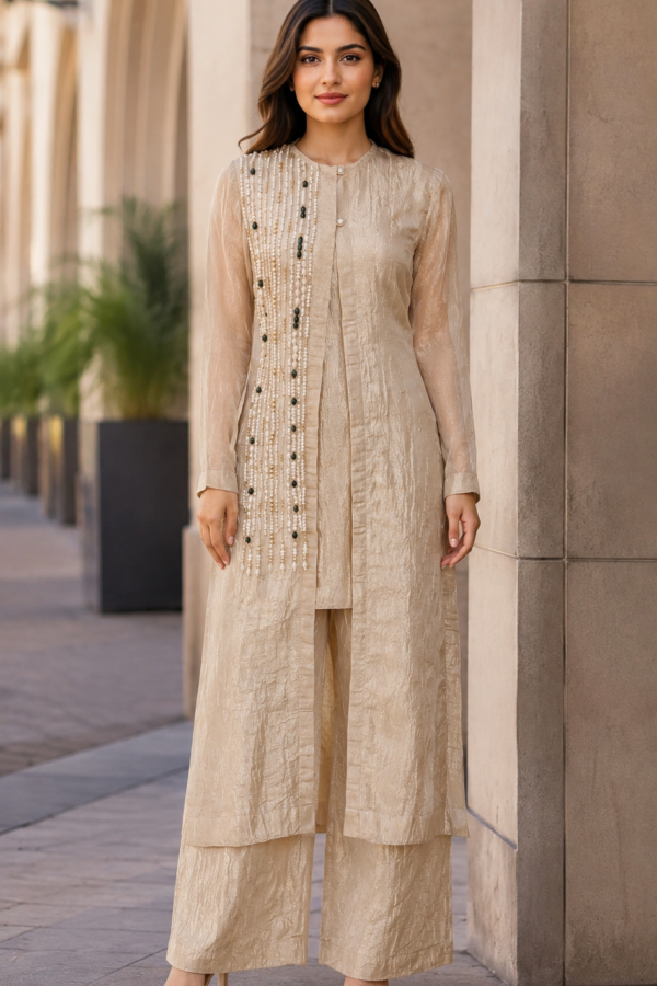 Women’s Beige Textured Long Kurta Set with Embellished Panel, Mandarin Collar & Wide-Leg Pants