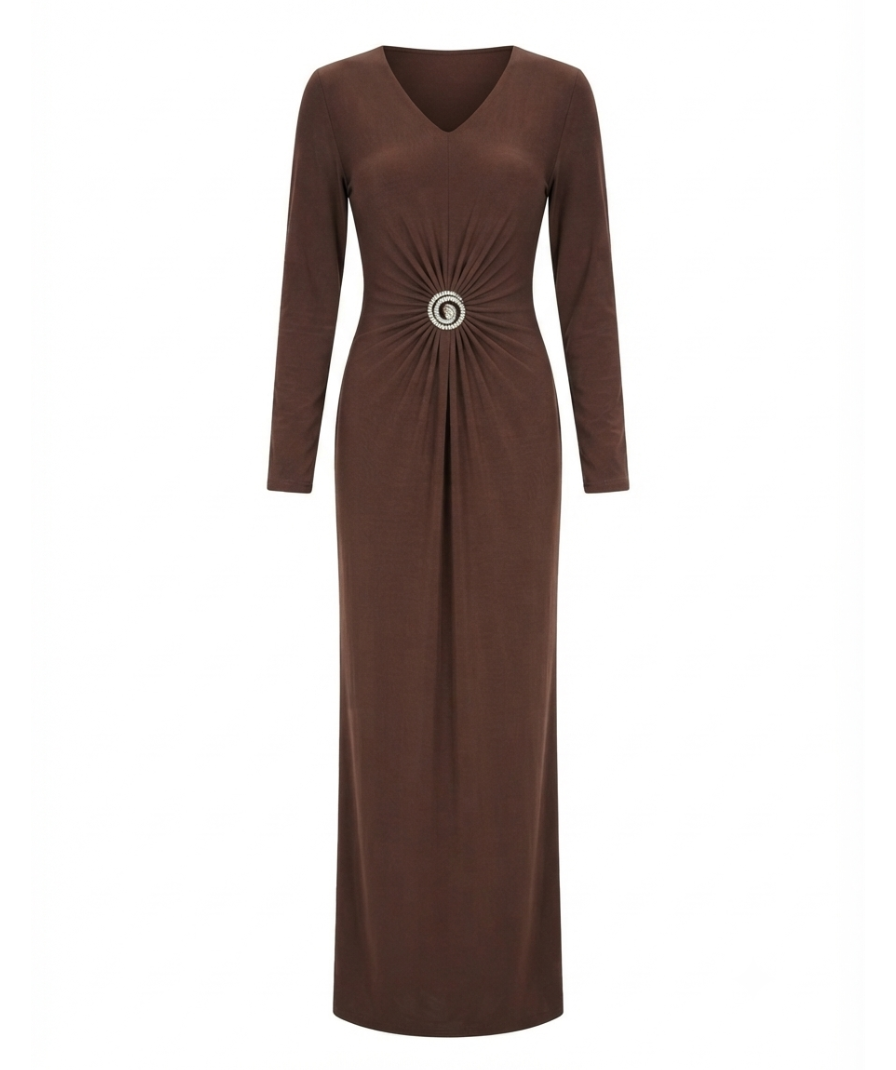 Chocolate Brown Solid V-Neck Ruched Waist Maxi Dress - Image 5
