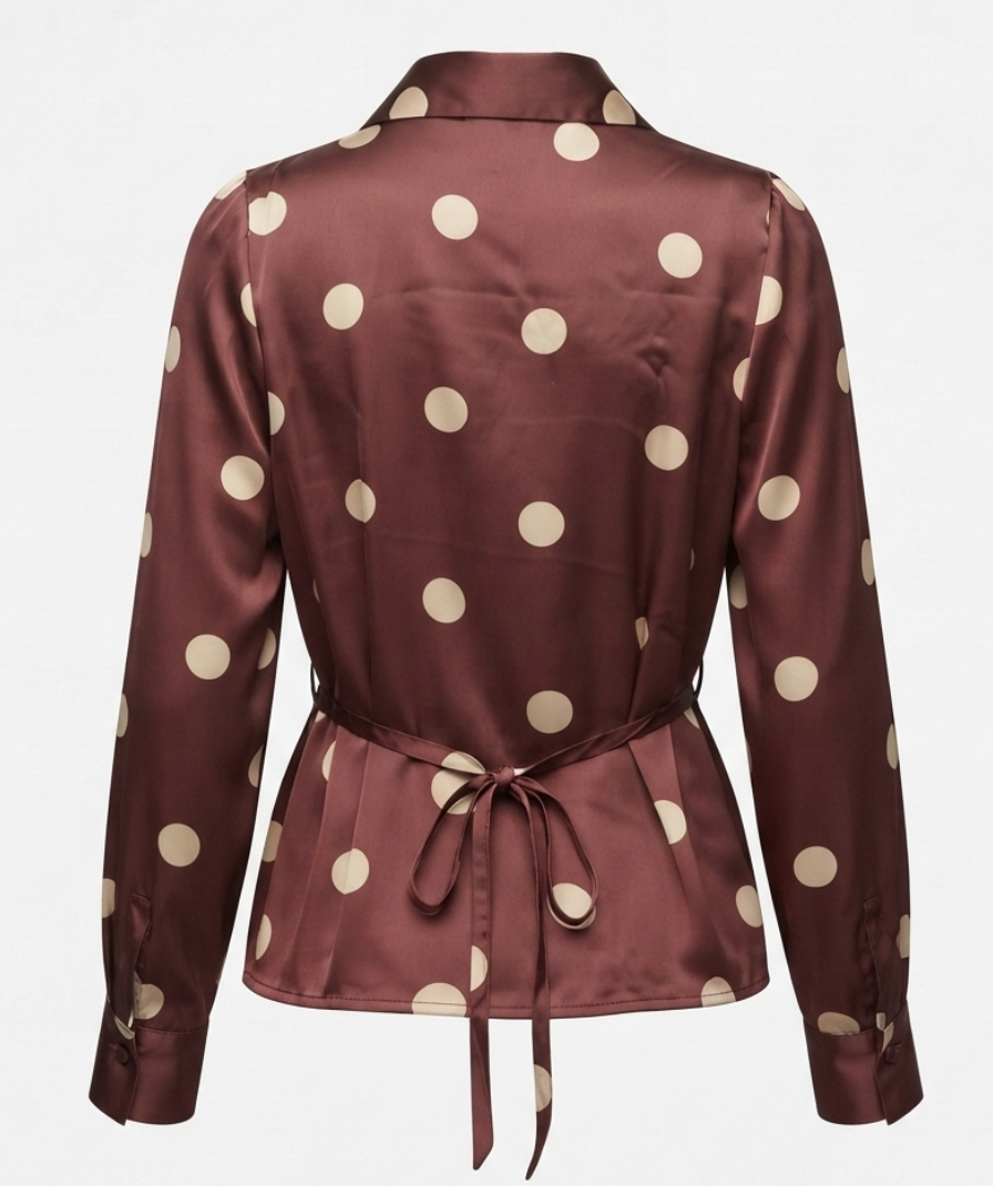 Chocolate Brown Polka Dot Wrap-Style Top with Collared V-Neck, Long Sleeves & Waist Tie Detail - Image 3