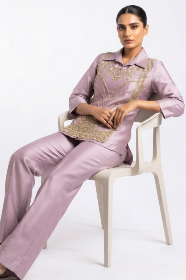Women’s Dusty Pink Embellished Shirt & Wide-Leg Pants Set
