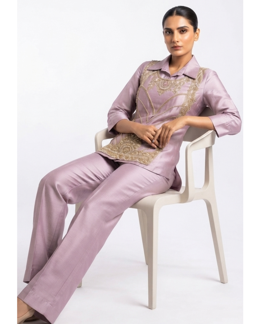 Women’s Dusty Pink Embellished Shirt & Wide-Leg Pants Set - Image 2