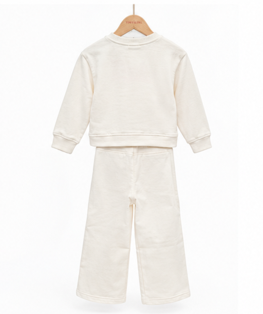 Girls’ Cream Full-Sleeve Sweatshirt & Wide-Leg Pants Set - Image 6
