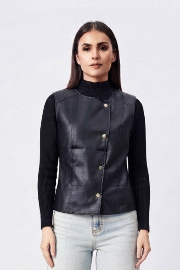 Black Panelled Sleeveless Vest Top with High-Neck Ribbed Long Sleeves – Structured Slim Fit