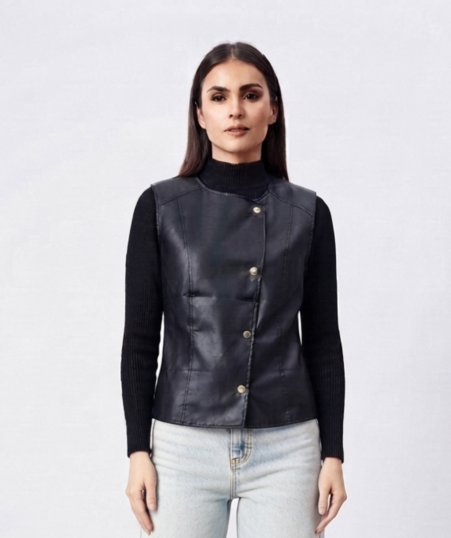 Black Panelled Sleeveless Vest Top with High-Neck Ribbed Long Sleeves – Structured Slim Fit