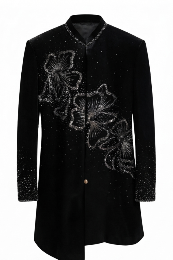 Men’s Black Floral Embellished Indo-Western