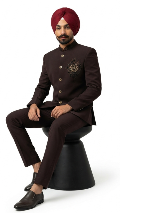 Men’s Dark Brown Embellished Bandhgala